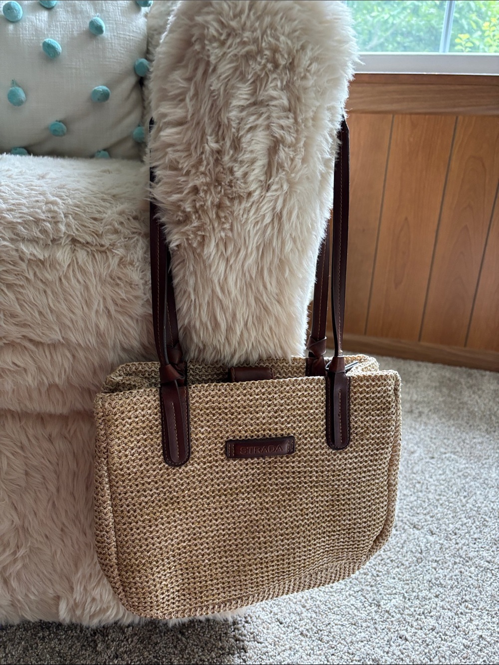 Strada Natural Woven Tote with Brown Handles